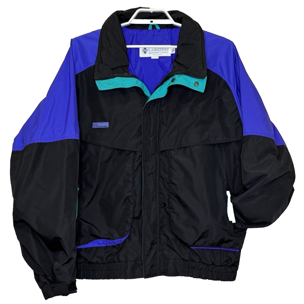 Columbia Powder Keg Ski Jacket Mens XL Black Blue Long Radial Sleeve Zip Pockets